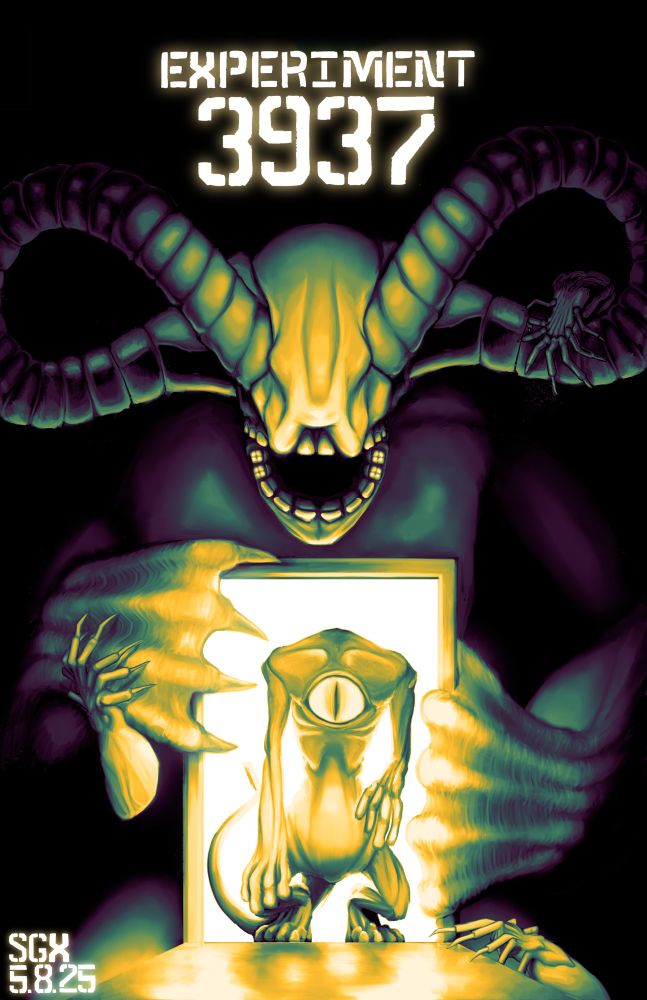 A 80's horror movie style poster for a video game called "Experiment 3937," which will release at the Stout Game Expo on May 8th, 2025. On the poster is a ram creature with webbed fingers holding a doorway. In the doorway is a catlike creature with a giant eyeball in its chest. Sprinkled around the scene are three spider-hand creatures with hearts as their thoraxes.