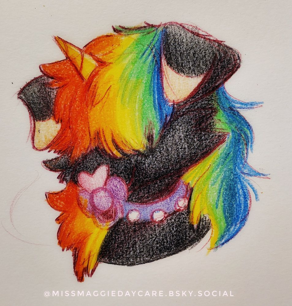 Drawing of Roofus the puppy unicorn. She has a rainbow mane, purple pacifier and collar 