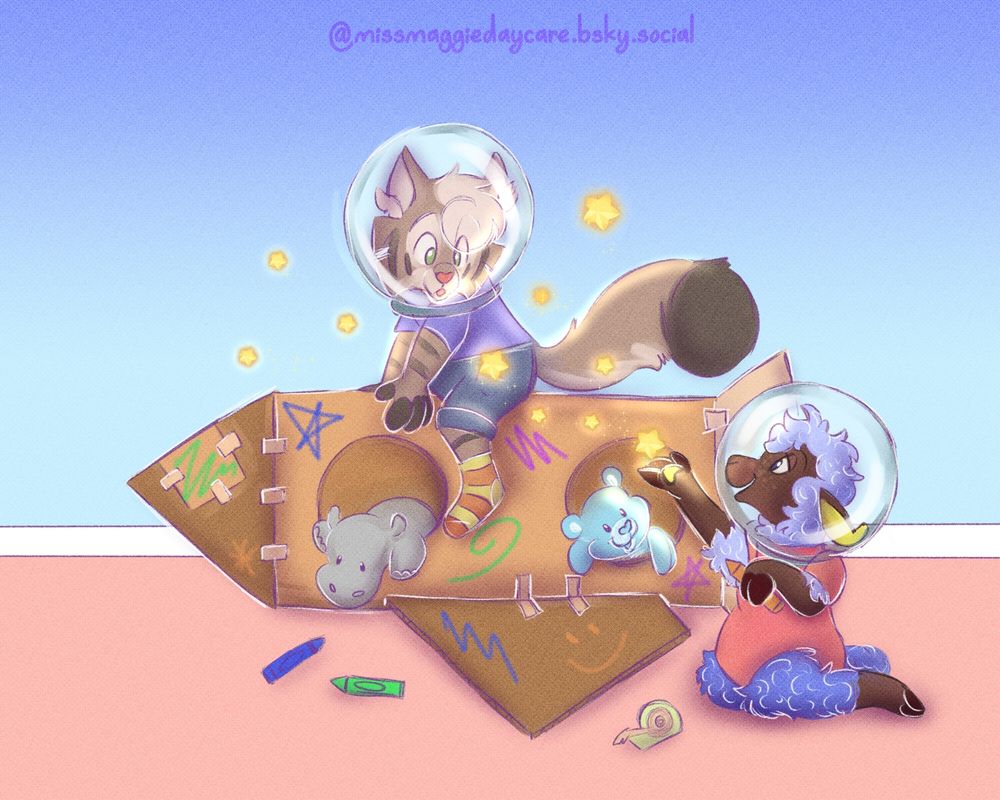 Gimble sits on the cardboard rocket ship. Bento the magic lamb makes stars from his hooves. 