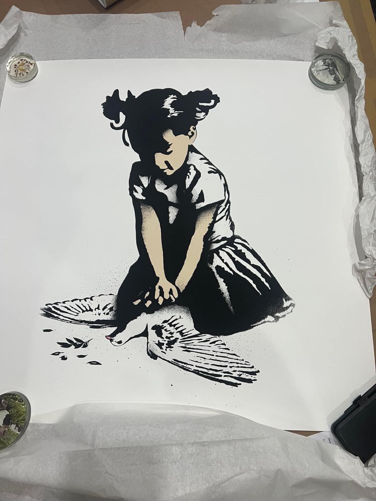 Ein kleines Mädchen das versucht eine Friedenstaube wiederzubeleben