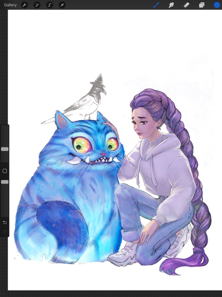 Procreate screenshot of a WIP of Rumi from K-Pop Demon Hunters kneeling next to the glowing tiger and the three-eyed bird.