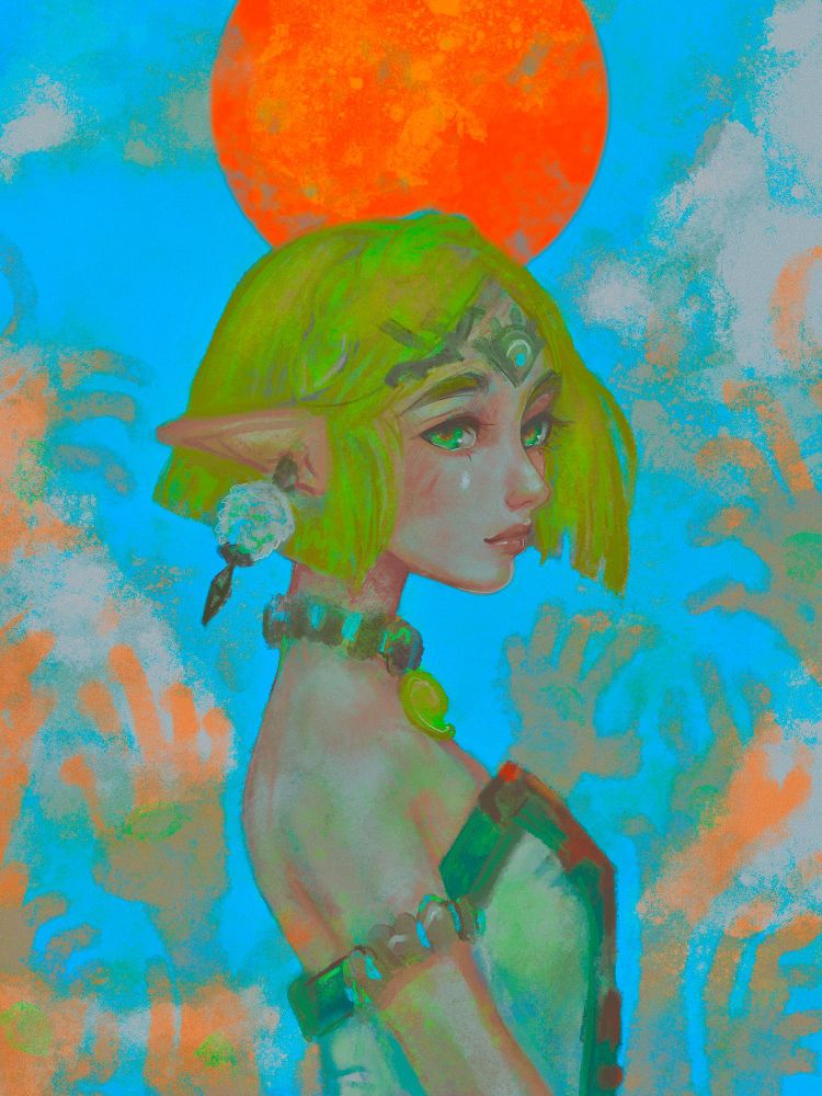 An image of Princess Zelda from Tears of the Kingdom as the blood moon rises. Something seems a little off about the princess, though. Maybe it's the hint of a smallest smirk...