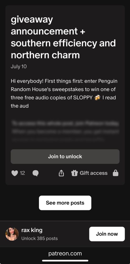 Screenshot of the bottom of Rax’s Patron with links to see more posts, and join to unlock