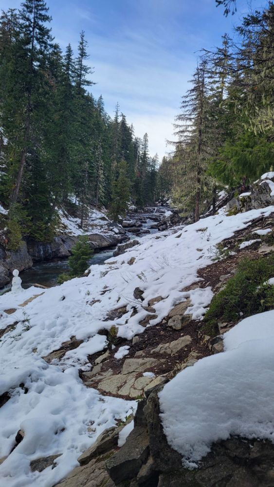 Wenatchee river surrounded by evergreen trees with snow in the foreground 