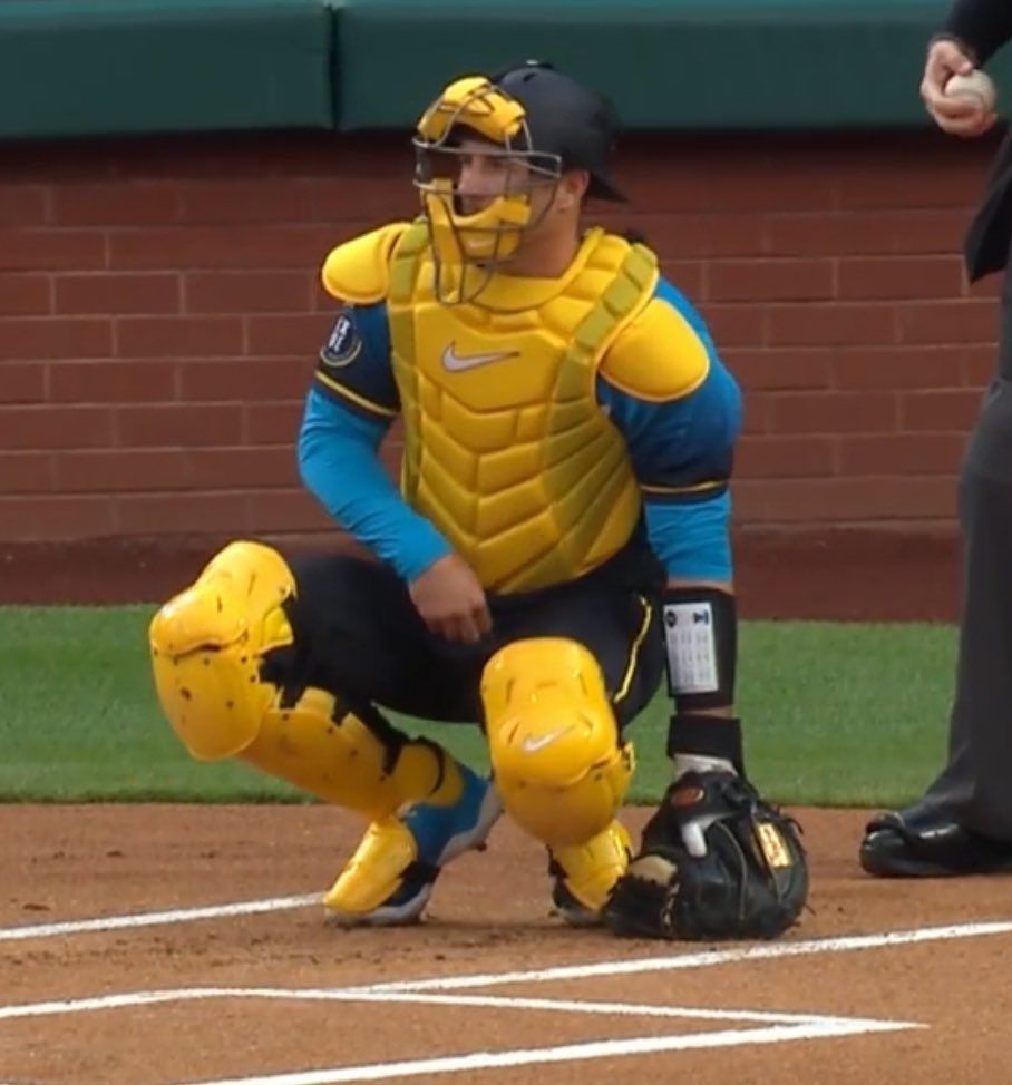 JT Realmuto, Philadelphia Phillies catcher, in his bright yellow City Connect gear.
