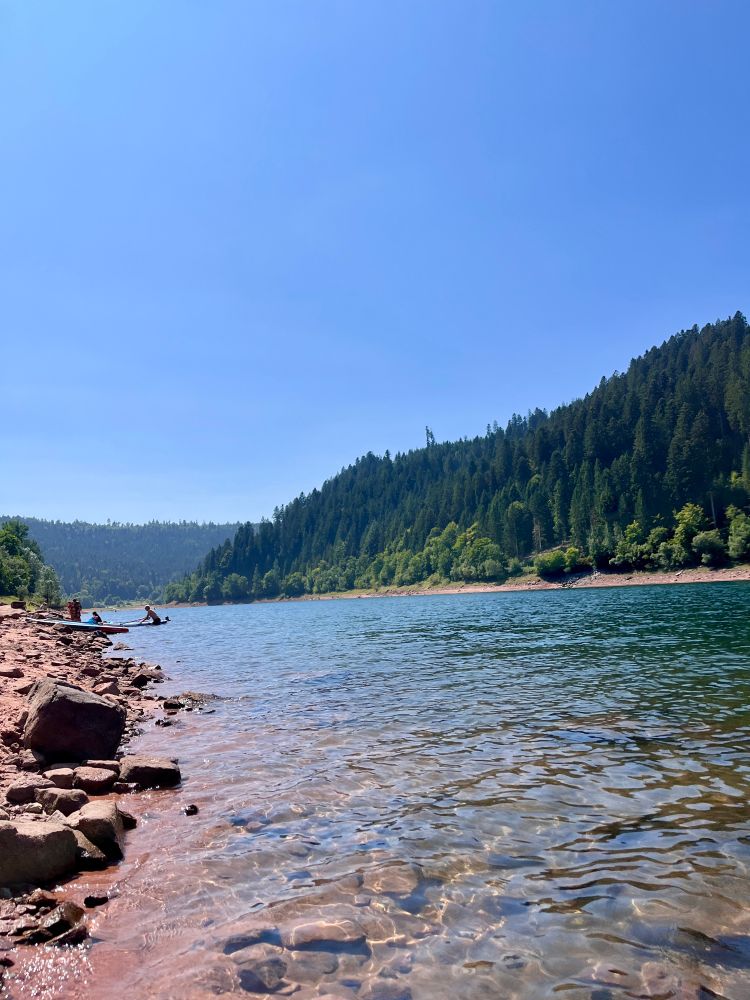 Talsperre im Schwarzwald.  Im Hintergrund Menschen mit SUPs. 