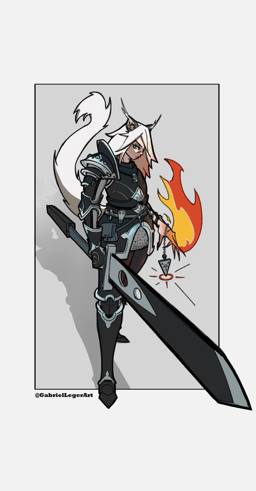 Azora Snowmane, a Mainecoon catgirl in black armor with silver embroidery. She's holding an oversized sword with her right hand and a strange triangular relic with her left, flames are also summoned from her left hand. She has white hair/fur.