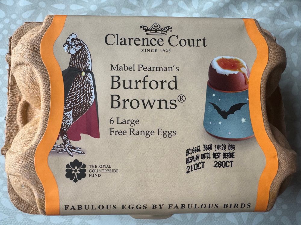 Some packqging for Burford Brown eggs. A hen is wearing a Dracula cloak and an egg cup has a night sky and a bat on it