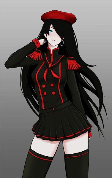 A tall blue eyed woman in a semi-military sailor fuku wearing a beret; she has long dark hair and a challenging expression.