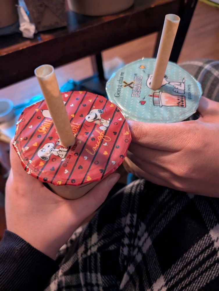 A picture of my partner (right) Lu and I (left) holding Gong Cha drinks beside each other. The sealed lids have snoopy art on them, which is fitting because we have a snoopy-related inside joke.