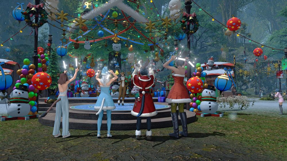 A screenshot of the video game FFXIV. It depicts four holiday dressed characters that are a three miqo'tes and viera cheering. In the background is the xaela dressed in a reindeer suit and dancing. It is located in the holiday event zone for this year.