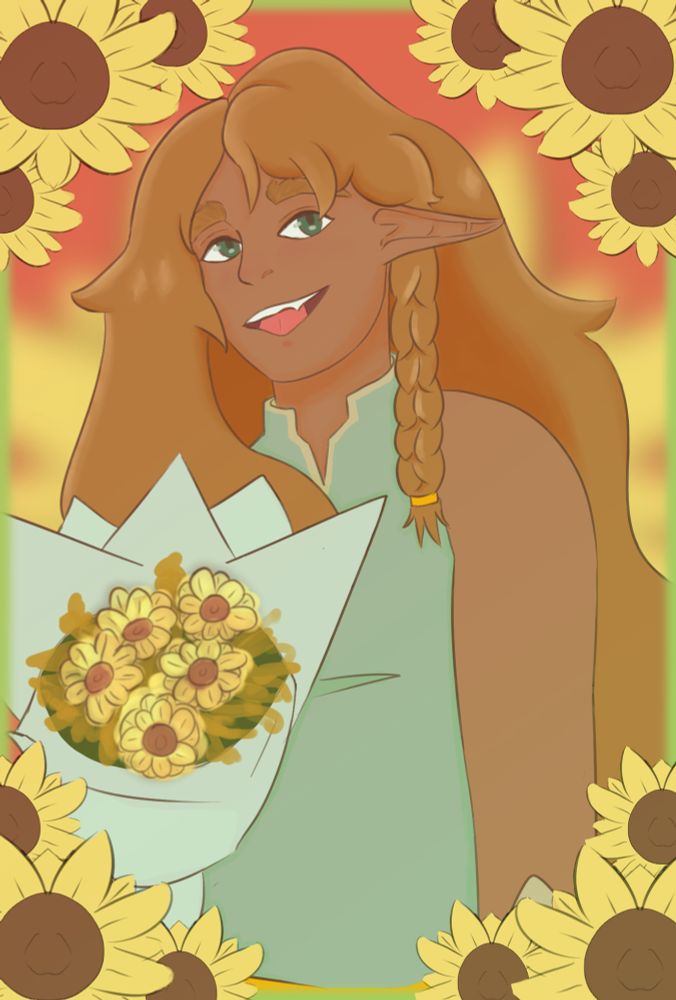 A digital painting that depicts my first ever Dungeons and Dragons character, Leaflette. This is a redraw of a piece I did in 2021. He has long fluffy dark orange hair, with deep green eyes, and he's smiling towards the camera. There's a small braid behind his left ear, and he's wearing a simple fantasy sleeveless top. He is holding a bouquet of flowers.

The border consists of a bundle of sunflowers in each corner, with a thin green line connecting them. The background is red with a faded large sunflower in the center that is mostly covered by Leaflette.
