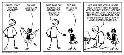 A cartoon shows a child enjoying their improvised Batgirl costume, and their parent begins enthusiastically rummaging through a chest filled with additional Bat-accessories because they're a Bat-nerd, too