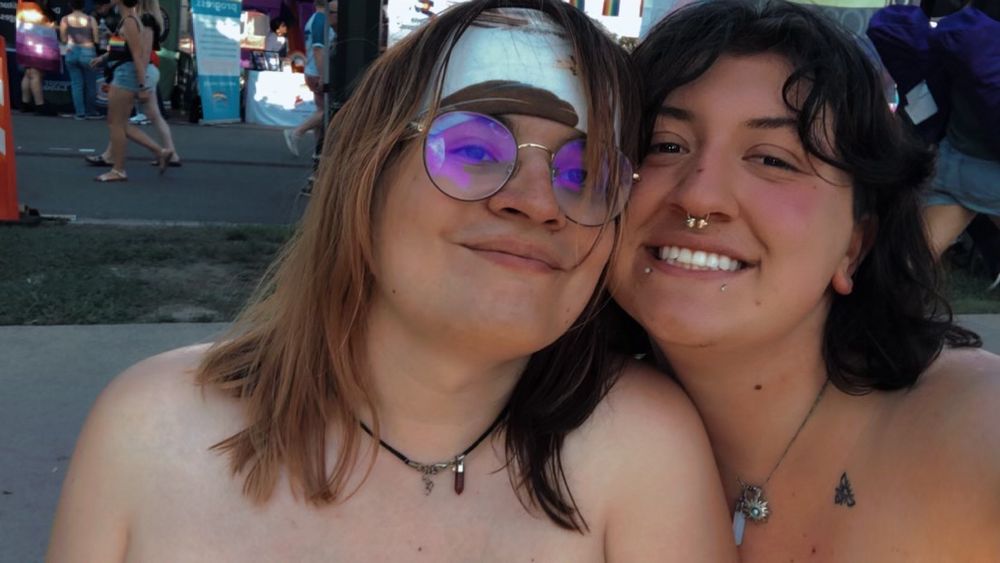 A white shirtless male (jack) and a white also shirtless women (me) smiling both are shirtless