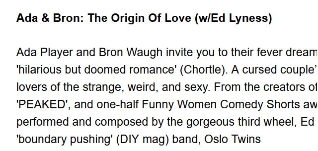 Cropped image of show synopsis, showing that Ada and Bron's full names are Ada Player and Bron Waugh. 