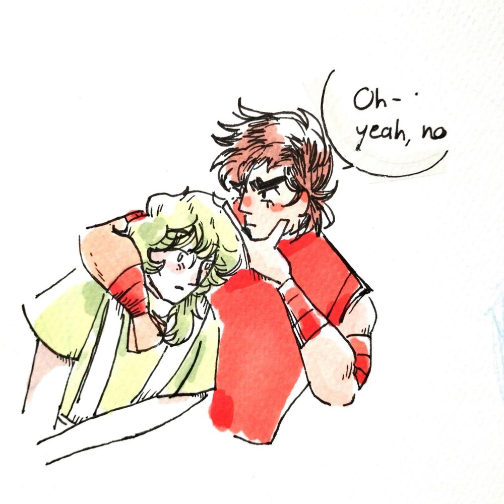 Pegasus Seiya grabs Andromeda Shun by the shoulder and sounds like he is thinking about his answer. He says: "Oh yeah, no..."