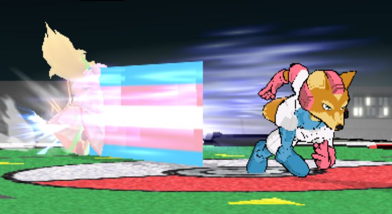A screenshot of Fox from Super Smash Brothers Melee dashing into Peach, his standard dash replaced with a trans pride flag