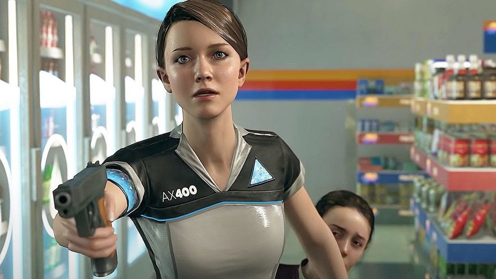 Kara, a humanoid android, holds a gun in a convenience store and defends a small child.