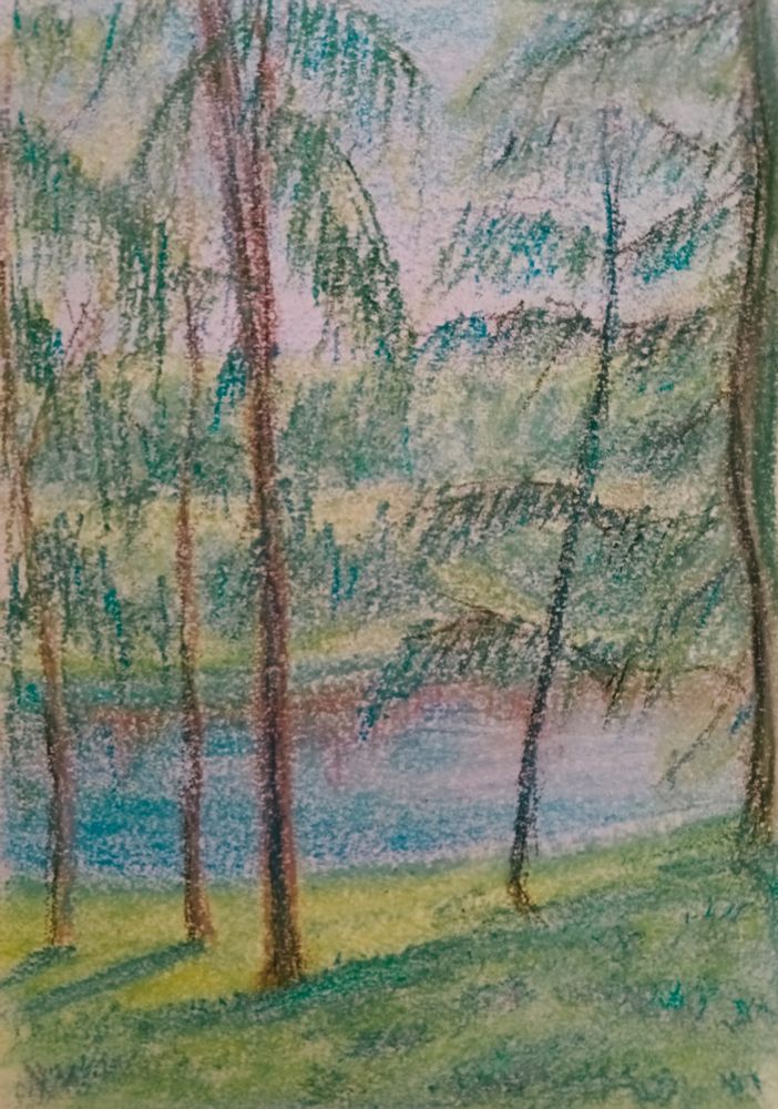 Пейзаж пастелью с видом на реку с холма