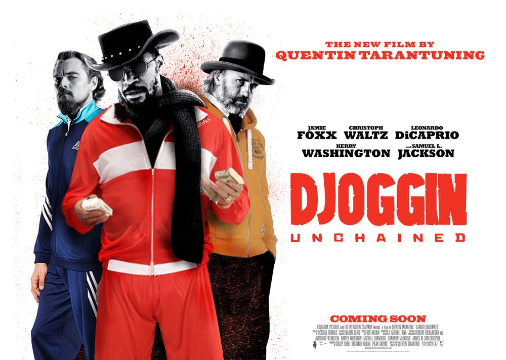 Affiche du film Django Unchained, mais les personnages sont en jogging.
