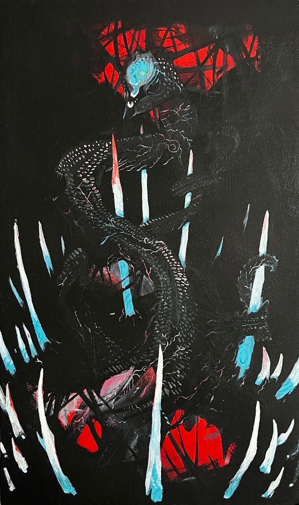 Tongue-like dark mass with a recessed skull faced tip jutting from red portal mouth. Blue spines circle the opening. 