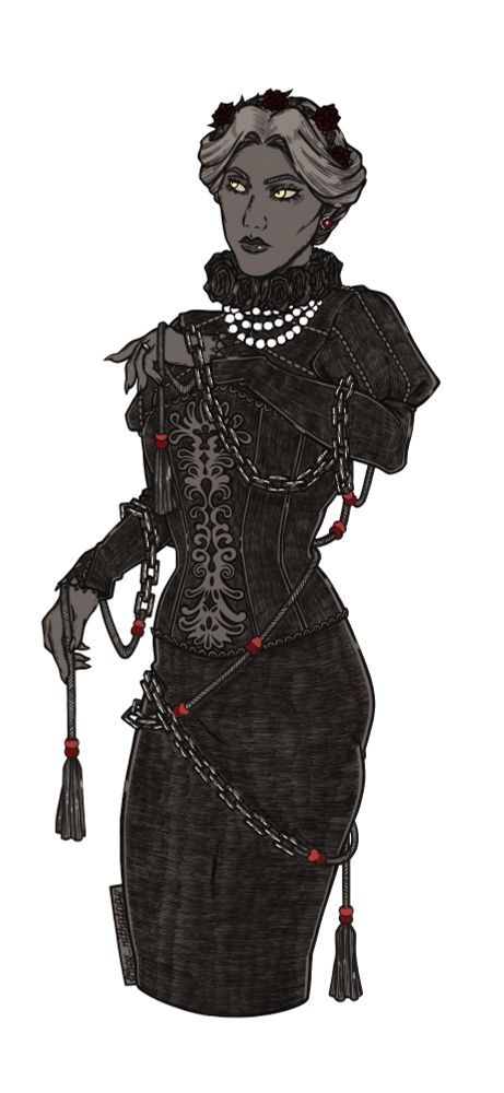 Drawing of an elf from the game Elder Scrolls Online - the character belongs to Elleylie.Elderscrolls, an original character, a prize for the lottery.
The drawing is made in black and white with bright elements in the form of golden eyes and scarlet beads on ropes that, together with chains, entangled her body. There is also a wreath of scarlet roses on her head.
She has an elegantly collected hairstyle that hides the length of her hair and covers her elven ears. She is wearing a black dress with an openwork collar, like roses.