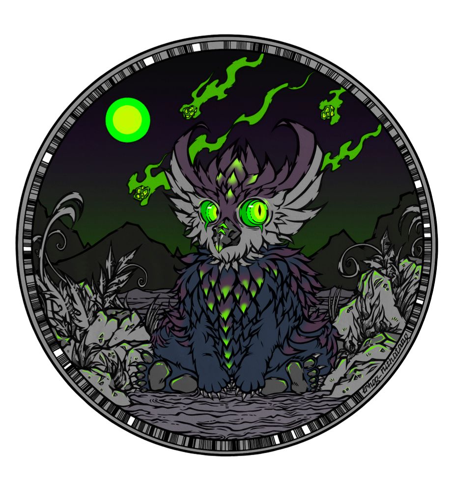 A commissioned drawing of a fel owlbear cub – predominantly colors with some black and white details (plants/rocks), fullbody, in a circle on a white background.
The fel owlbear cub sits in the center of the drawing, showing his paws – he has been touched by the power of fel corruption, so his eyes and feathers glow with a poisonous light. He sits in a deserted area, but around him are many rocks and ornate plants. Behind him are mountains and a gradient sky ablaze with the colors of fel corruption, as well as a small fel sun. Several green meteorites fly behind him.