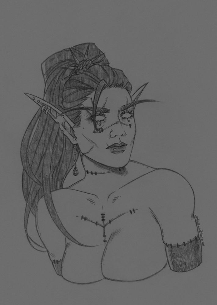A bust portrait of a blood elf death knight, drawn in pencil on paper. Her long hair is tied in a high ponytail, adorned with her spiked braids. Deep scars, held together in places by stitches, are visible on her face, eyes, neck, chest, and forearms, and several small dots are visible under her eyes. Her lips are dark, with a small scar on her upper lip. Her long elven ears are damaged, but they contain earrings, one of which is a hefty teardrop.
