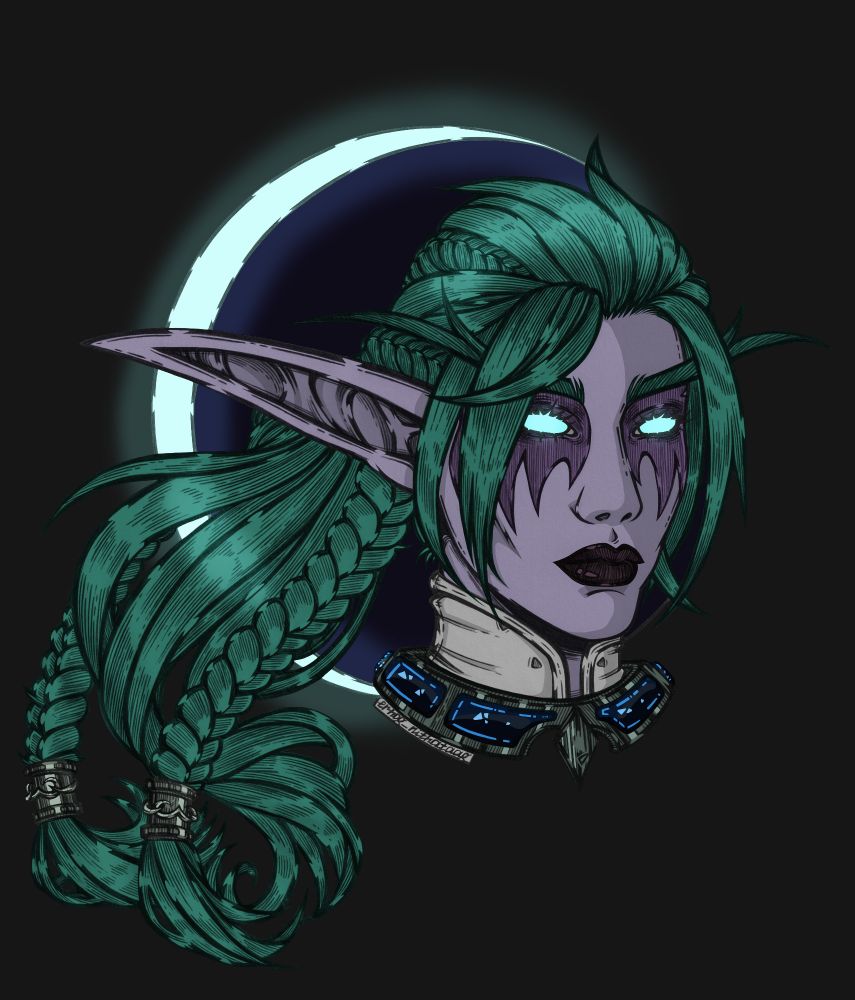 Drawing of a character from the game World of Warcraft - Tyrande Whisperwind, portrait.
She is depicted in her purified appearance from the Dragonflight addon - her eyes shine with moonlight again. Her green hair is slightly fluttering, gathered in a hairstyle with a tail, strands near the face and braids. She has long elven skip ears, purple skin and night elf coloring around her eyes. On her neck you can see part of the costume - a collar and a neck decoration with blue stones. She is depicted against the background of a new moon crossing an eclipse.