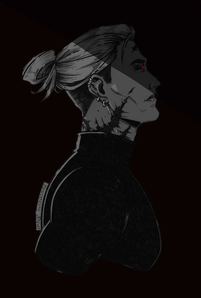 Drawing of the original character - Marshall (half-body, profile, black and white technique with bright details in the form of scarlet shining eyes) Drawing of a man in a black turtleneck. On his neck and lower part of the face is a huge terrible scar. Part of his hair is shaved from below looks black, and part of it is long, collected, light. A shadow falls on half of his face.