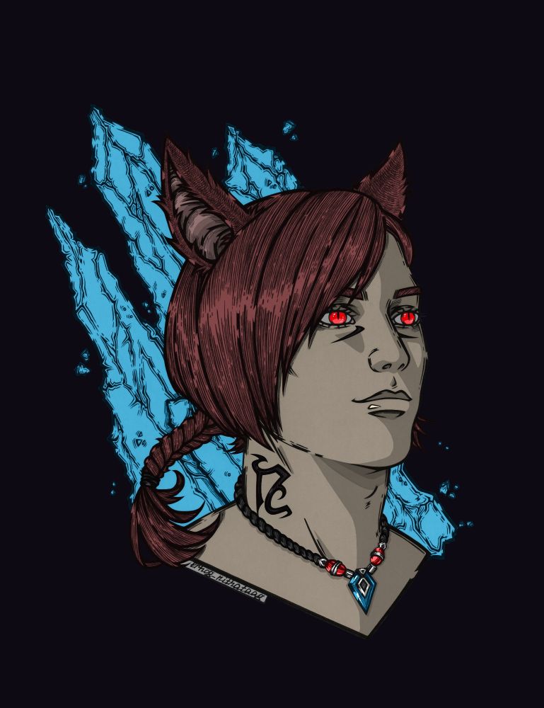 Drawing of a character from the game Final Fantasy 14 - G'raha Tia. The drawing is done in color technique, bust. He has scarlet hair and bright red eyes. On his neck one of the symbols of the Archon is visible and a necklace in which bright stones are visible. The bust is drawn on a background of blue crystals.
