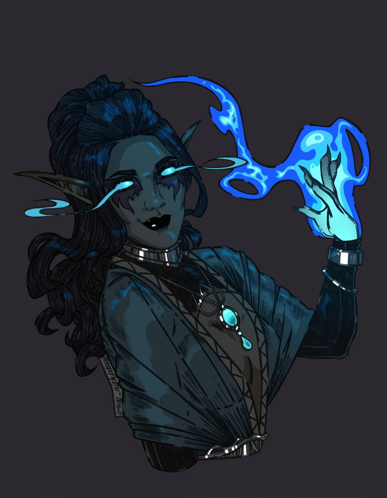 Drawing of an elven woman (half-body, commission for Karyonna). She wears a low-cut outfit with a round necklace on a long chain and metal choker. Her long dark hair is pulled back into a curled updo, her eyes glow with blue smoke, and her face has the signature night elf tattoo. The hand visible to us exudes blue flame