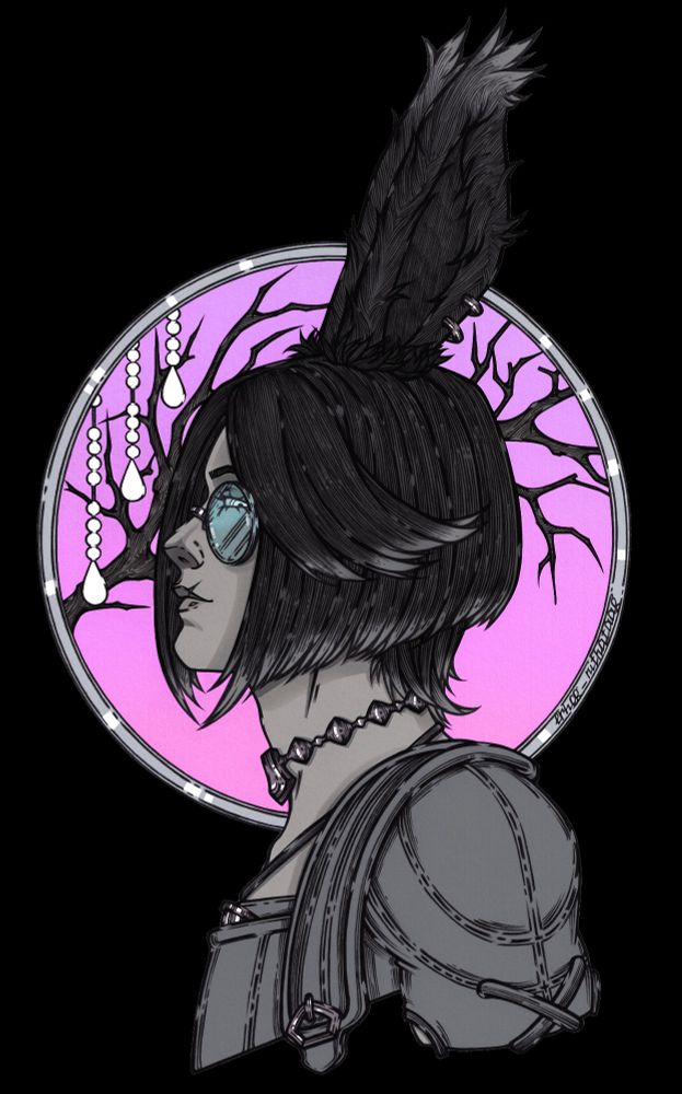 Half-body drawing of the original game character - Viera guy from the game Final Fantasy 14.
Behind the character there is a circle with a pink gradient and a dark dry branch, and three threads with beads and drops hang as decoration
The character himself is dark-haired with a white gradient on his ears and hair. He has blue eyes and round glasses of the same color. He is wearing a heavy necklace that looks more like a choker. He is wearing a gray cloth bib.