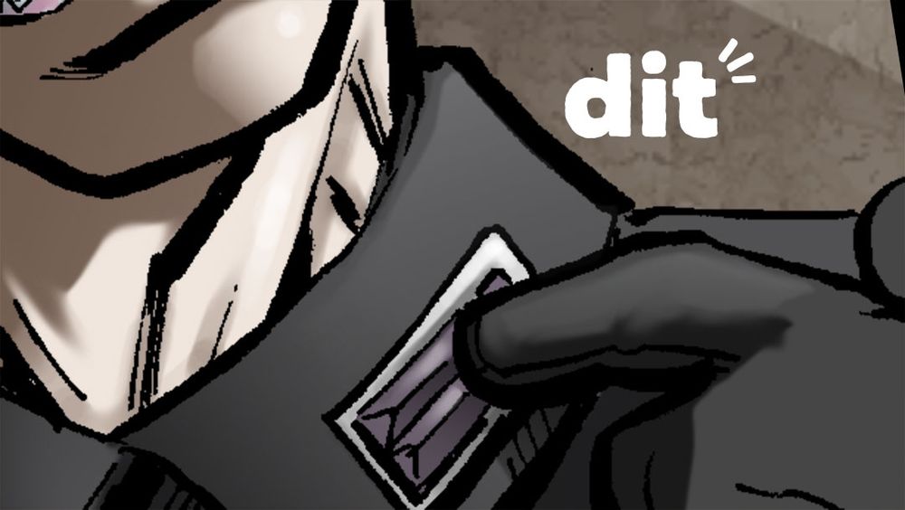 Close-up of Question Mark's finger tapping a button on his collar. Sound effect: dit