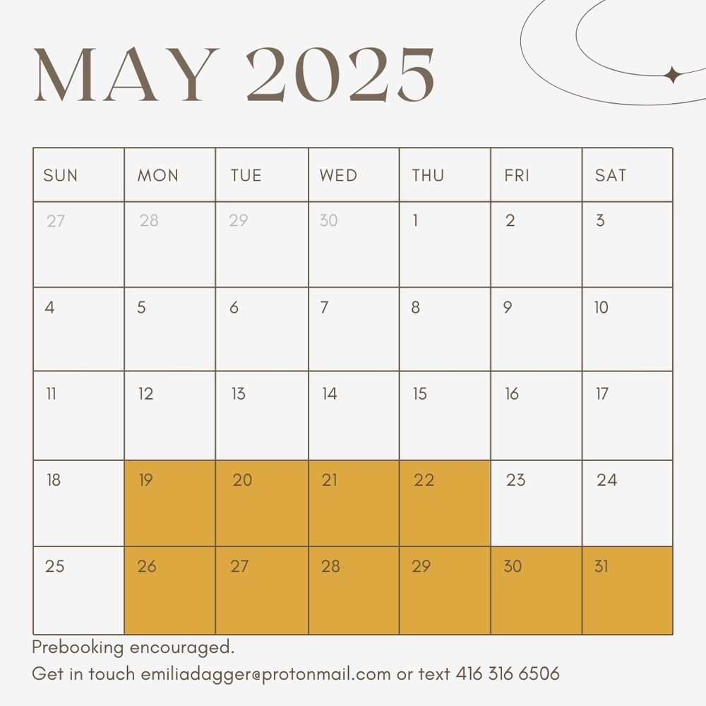 May 2025 calendar 
The 19-22 and the 26-31 are filled in with a golden yellow to indicate availability 
