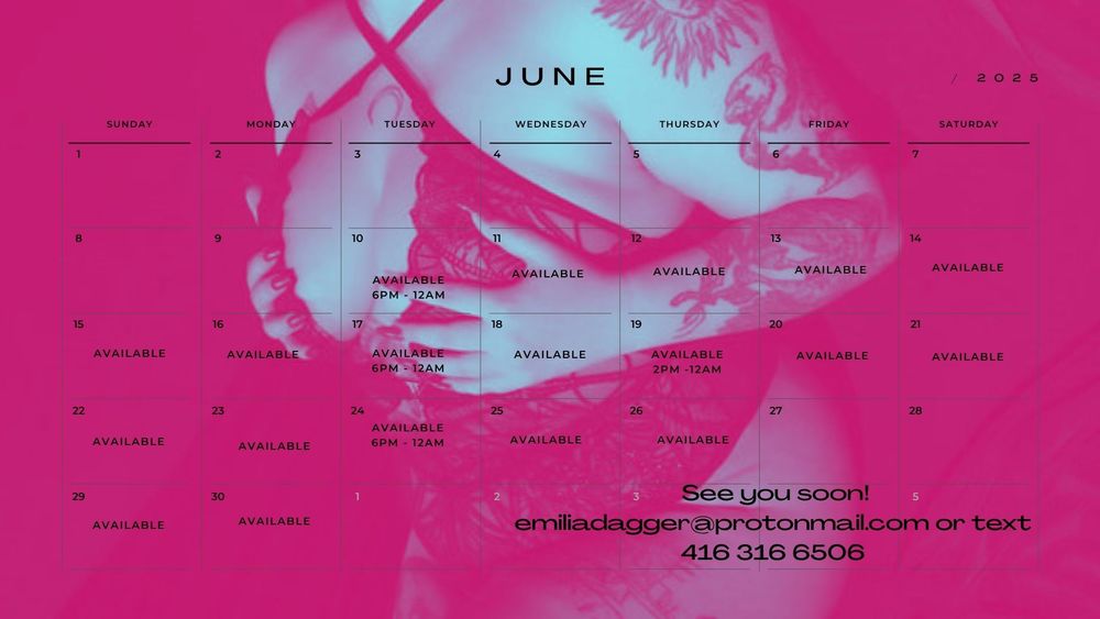 Pink background with an image of Emilia in a bodysuit, cupping their breasts. The bodysuit crosses the chest. 
There is a calendar with black text overtop for june