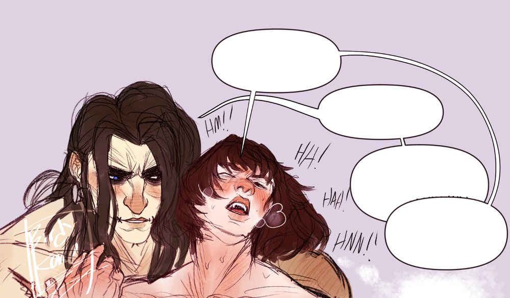 cropped colored sketch of Mina and Victor from Deadlock. They have blank speech bubbles between each other, all while Mina is breathing heavily and extremely flustered. Victor seems fine though.