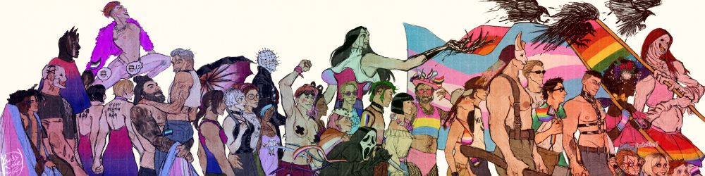 Multiple killers and survivors from Dead by Daylight in a pride march, carrying and wearing different pride flags that represent and support their community. 