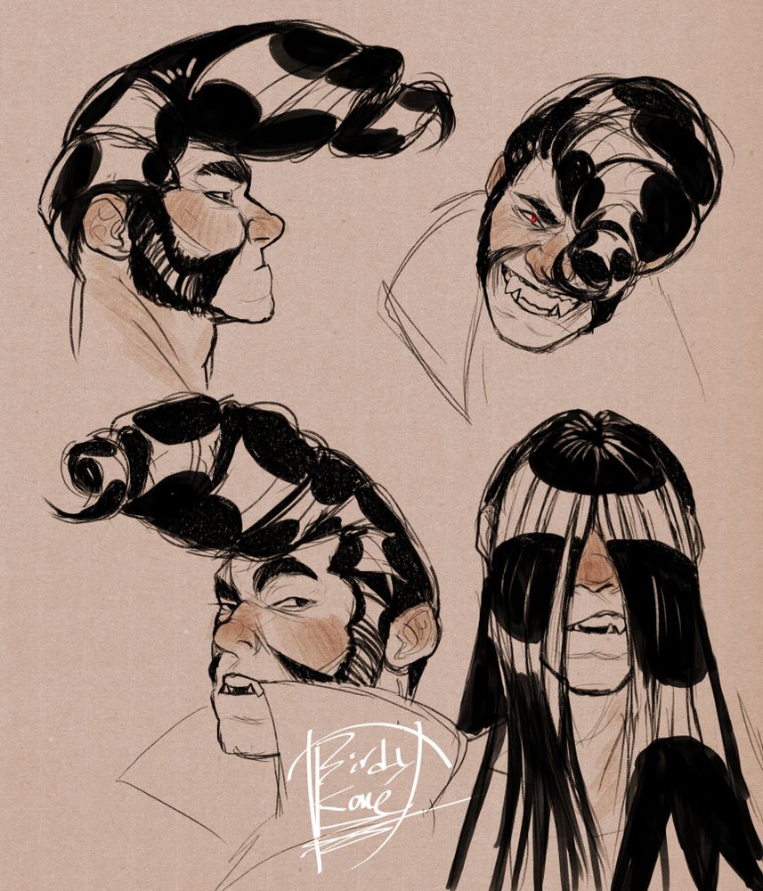 Four headshot sketches of Shiv from Deadlock.
The top left one is a side profile of his right side, the top right is slightly above with him grinning with his right eye glowing red. The bottom left one is a 3/4 angle, with him appearing to be talking with one of his brows raised. The final doodle on the bottom right is his hair flattened and over his face with him talking.