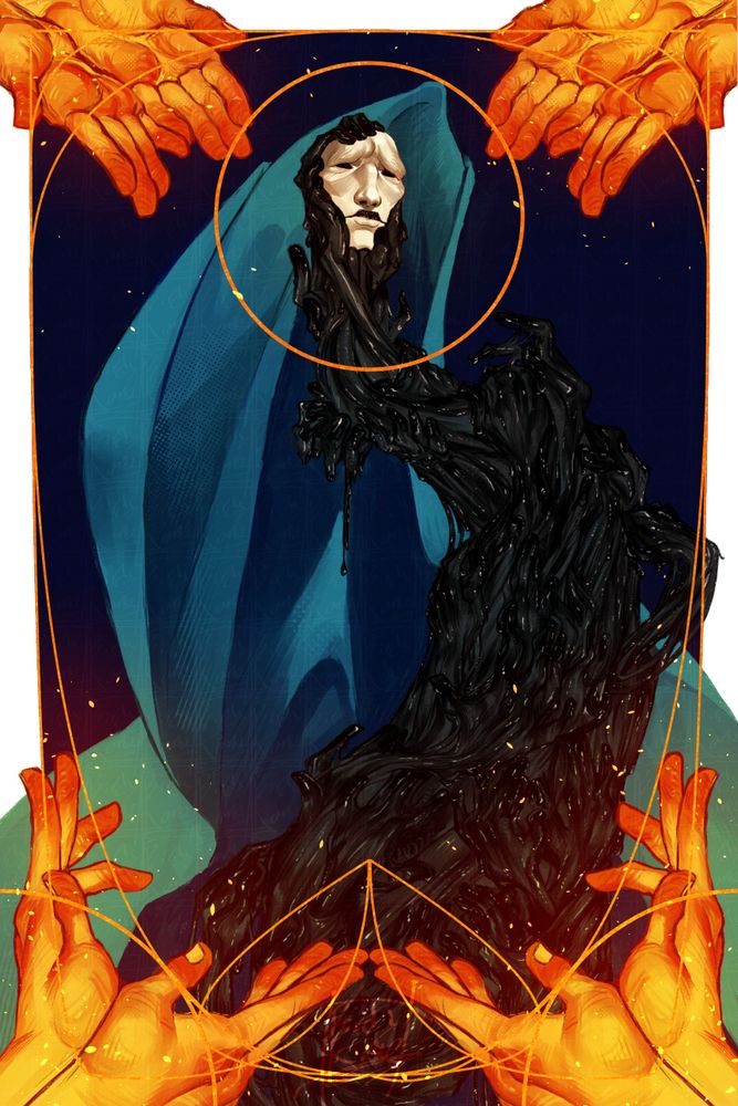 Art piece that focuses on an entity made up of inky black hands, of which holds up its mask near the top of the art piece. It's teal blanket/cloak is falling off of it, showing its form as golden hands gesture towards it in a praying/holy gesture. Golden lines surround it, with a golden circle focusing on its mask.