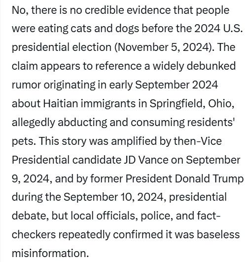 This story was amplified by then-Vice Presidential candidate JD Vance on September 9, 2024, and by former President Donald Trump during the September 10, 2024, presidential debate, but local officials, police, and fact-checkers repeatedly confirmed it was baseless misinformation.

