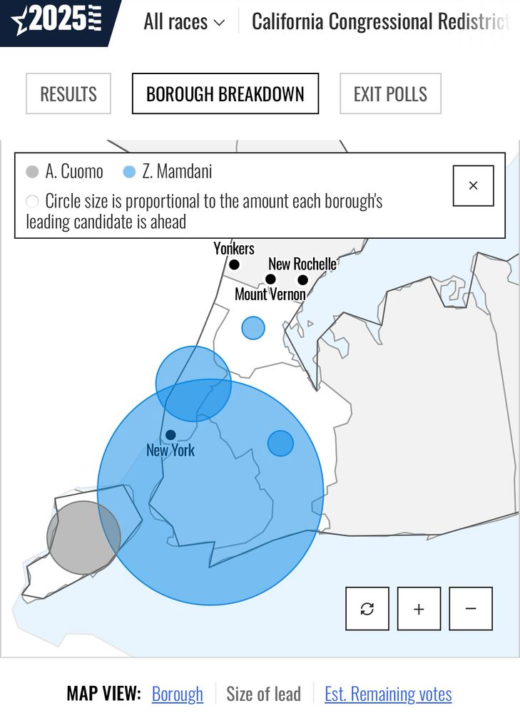 2025 New York mayor voting map. The large blue circles show Mamdami’s lead over Cuomo’s medium sized grey circles.