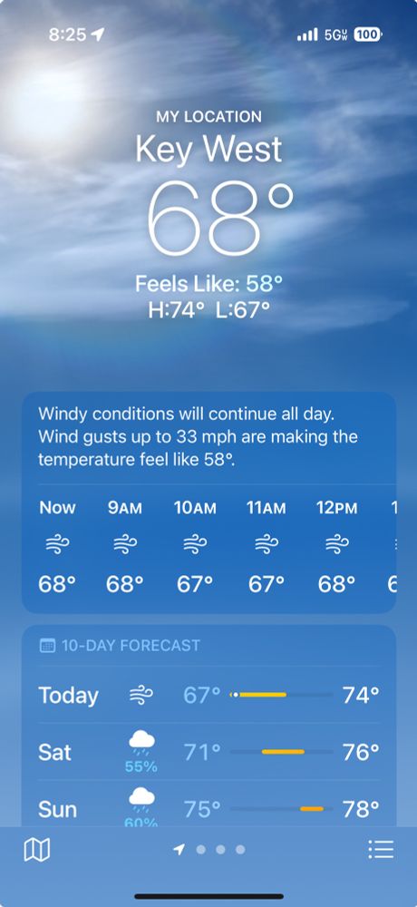 Weather app showing 68° in Key West with “feels like 58°”