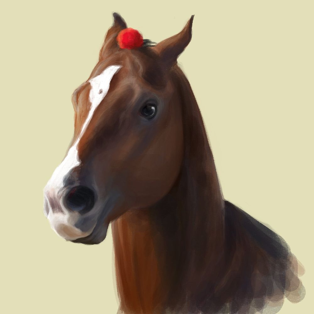 Digital painting of a bay thoroughbred colt's face and neck, galloping towards the viewer. He has a big whit star that drips down his face to a splash of white over his nose and a red pompom tied to his forelock.