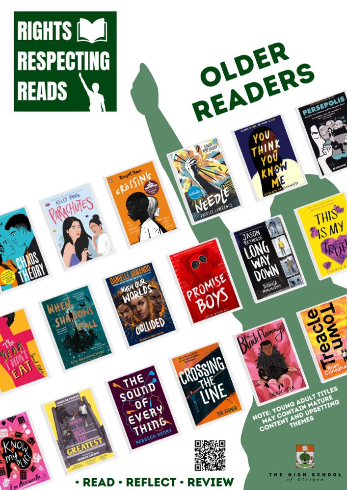A poster showing different book titles included in the challenge. A list can be found at https://www.highschoolofglasgow.co.uk/rights-respecting-reads