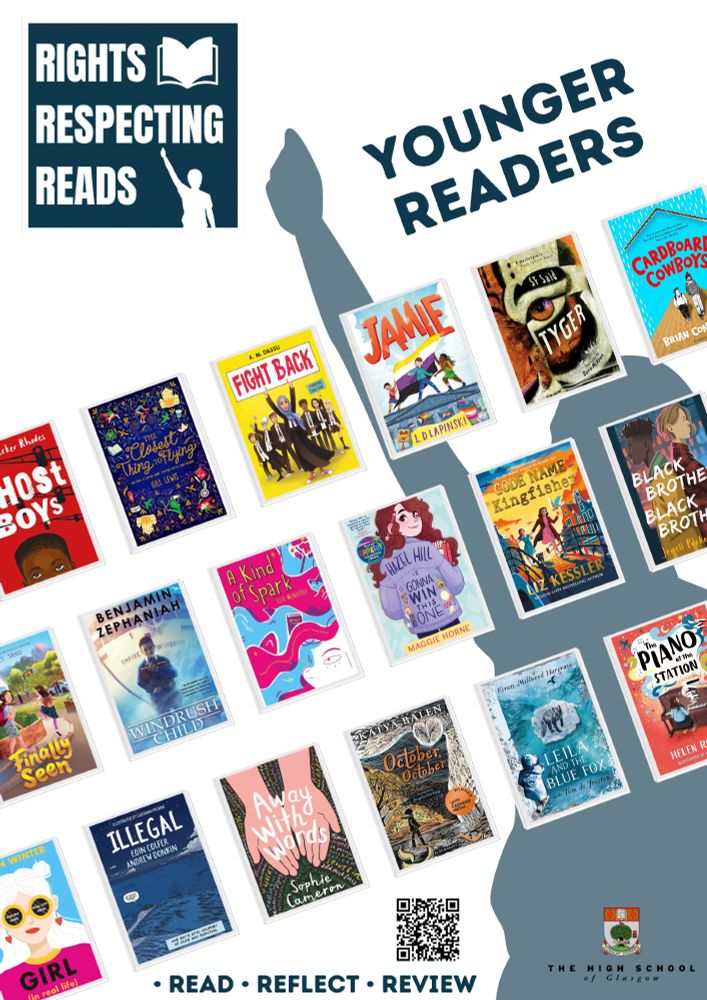 A poster showing different book titles included in the challenge. A list can be found at https://www.highschoolofglasgow.co.uk/rights-respecting-reads