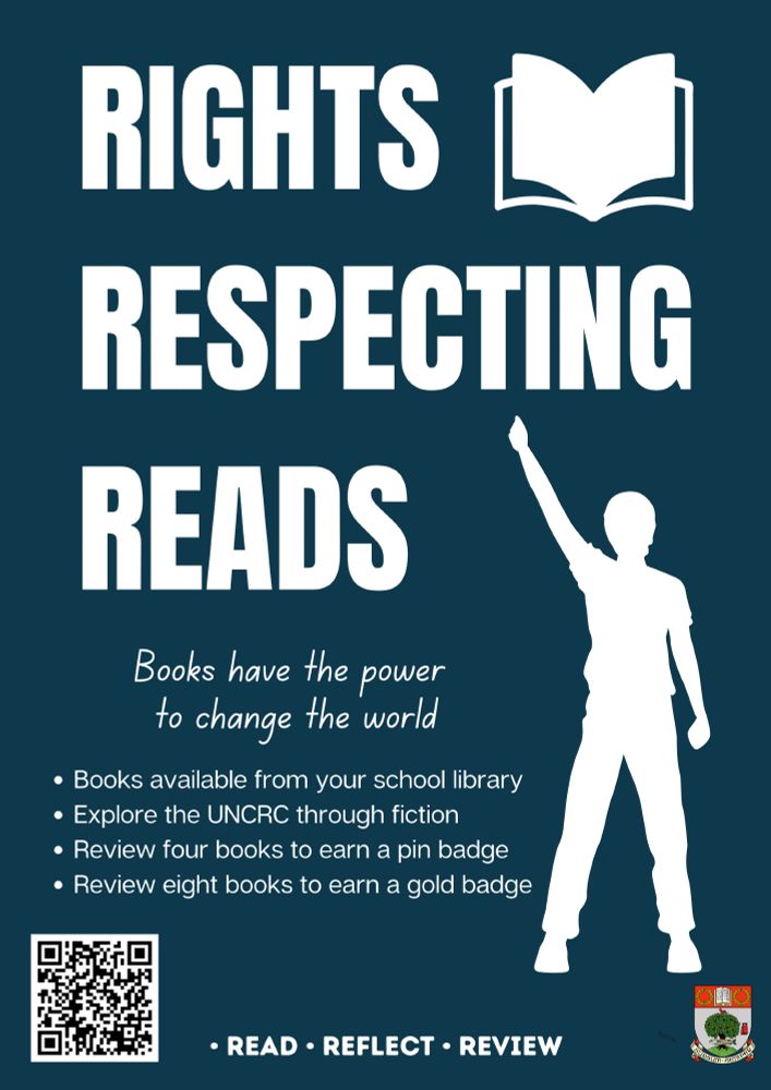 Book poster advertising a "Rights Respecting Reads" challenge works in a school library