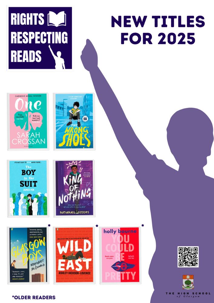 A poster showing different book titles included in the challenge. A list can be found at https://www.highschoolofglasgow.co.uk/rights-respecting-reads