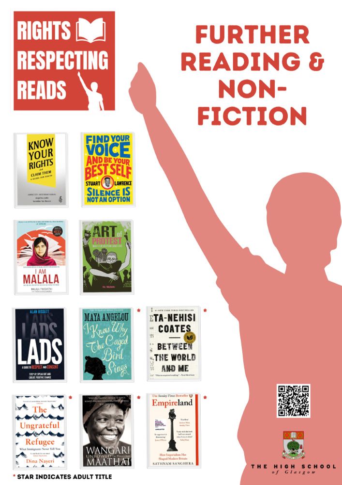 A poster showing different book titles included in the challenge. A list can be found at https://www.highschoolofglasgow.co.uk/rights-respecting-reads