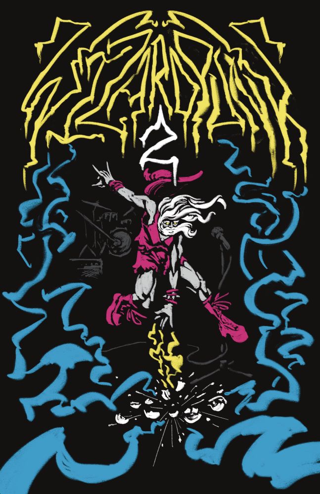 a color illustration of a trans wizard leaping in the air and shooting yellow electricity out of her hand as she smashes a crystal ball on stage at a metal concert. drums, an amp, and a microphone are visible in the background. magic energy in cyan blasts out from the shattering crystal ball. at the top of the cover "WIZARDPUNK 2" is written in text styled like a black metal band logo.